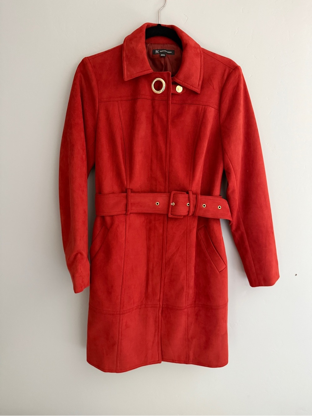 INC International Concepts Red Suede Belted Trench Coat